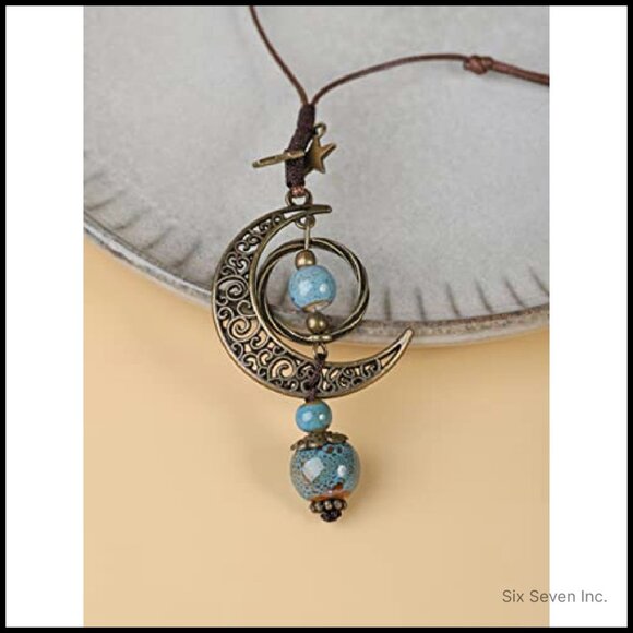 Vintage Bohemian Crescent Moon Lariat Necklace Adjustable Statement Jewelry - Picture 3 of 8